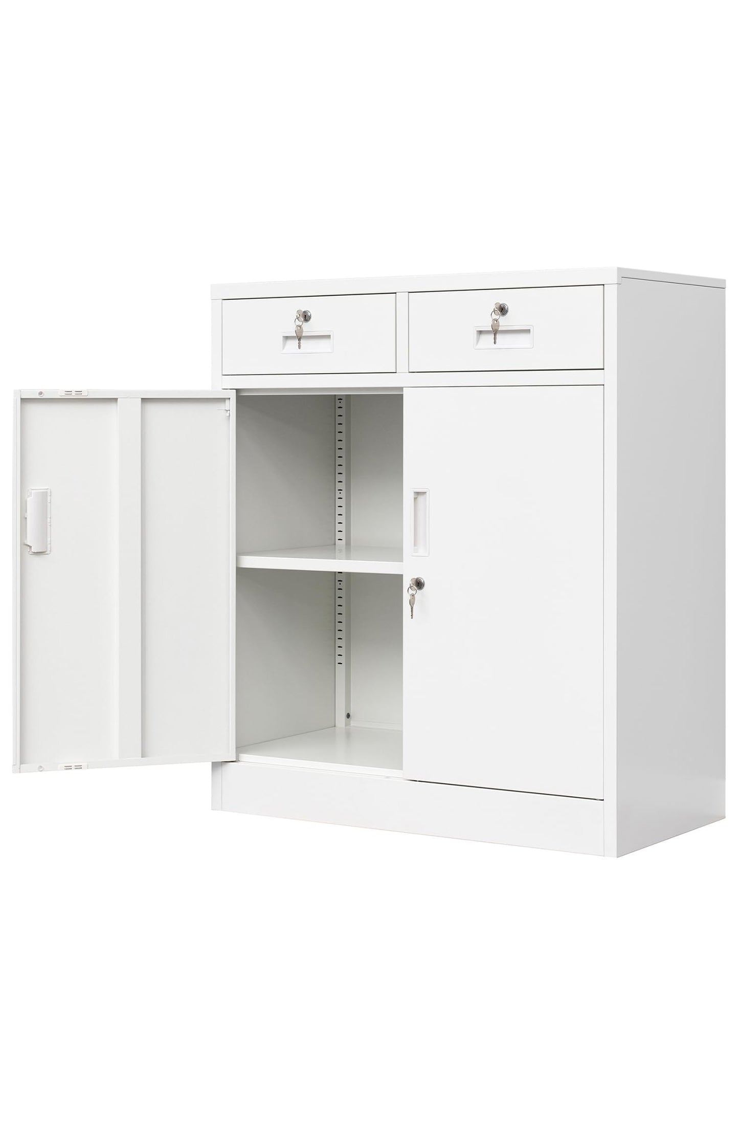 Wanfu Metal Storage Cabinet with Locking Doors and Adjustable Shelf, 36" H Locking Storage Cabinet with Two Drawers for Office, Garage, Home-White - WoodArtSupply