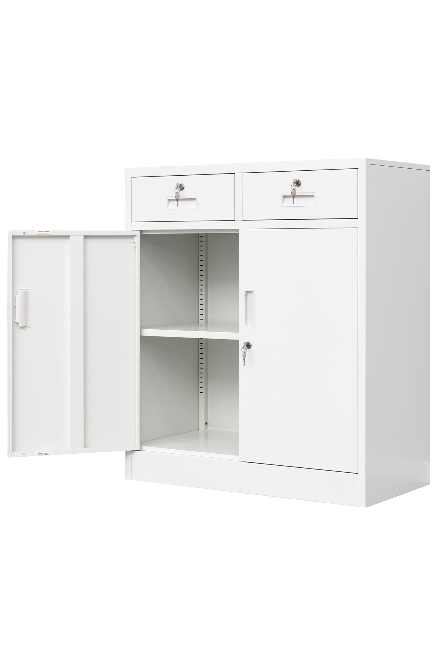 Wanfu Metal Storage Cabinet with Locking Doors and Adjustable Shelf, 36" H Locking Storage Cabinet with Two Drawers for Office, Garage, Home-White - WoodArtSupply