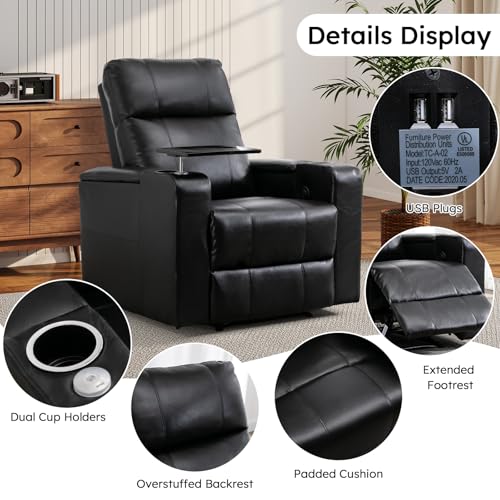 ANJ Home Theater Seating Power Recliner with Hidden Arm Storage, Sigle Faux Leather Recliners with Tray Table, Electric Movie Reclining Chairs with USB Ports & Cup Holders for Media Room, Black