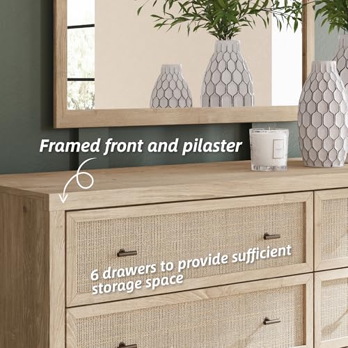 Signature Design by Ashley Cielden Coastal 6-Drawer Dresser, Bronze-Tone Knobs, Safety Stop, Textured Cane Details, 62.01" W x 19.65" D x 35.67" H, Light Brown Signature Design by Ashley