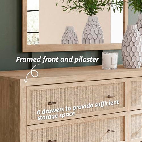 Signature Design by Ashley Cielden Coastal 6-Drawer Dresser, Bronze-Tone Knobs, Safety Stop, Textured Cane Details, 62.01" W x 19.65" D x 35.67" H, Light Brown Signature Design by Ashley