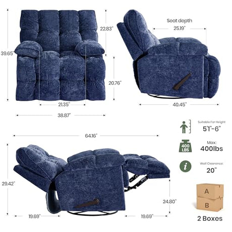 VIKAYAMICS Oversized Rocker Recliner Chair 42” Power Swivel Recliner for Living Room Overstuffed Extra Wide Rocking Recliners with Breathable Soft Fabric Up to 400lbs(Manual Blue) VIKAYAMICS