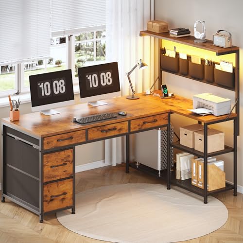 SEDETA L Shaped Desk with Drawers and Hutch, 47.2" Reversible Office Computer Desk with 5 Fabric Drawers, L Shaped Desk with Storage Shelves, Power Outlet and LED Lights for Home Office, Rustic Brown SEDETA