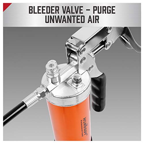 HORUSDY Heavy Duty Grease Gun with 14oz Grease Tubes | Grease Gun Flexible Hose | 7000 PSI | 18 Inch Spring Flex Hose | 2 Working Coupler | 2 Extension Rigid and 1 Sharp Type Nozzle Included HORUSDY