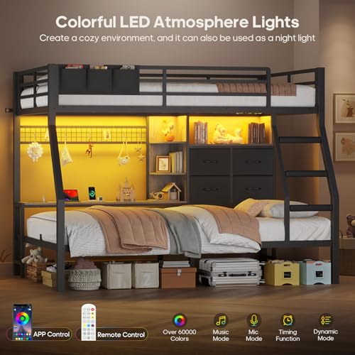 BTHFST Bunk Bed Twin Over Twin with 4 Storage Drawers & Shelves & Bedside Caddy, Twin Bunk Beds with Charging Station & LED Lights, Metal Loft Bed with Safety Guardrail & Angled Ladder, Black & Grey BTHFST