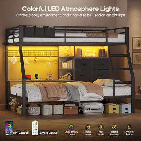 BTHFST Bunk Bed Twin Over Twin with 4 Storage Drawers & Shelves & Bedside Caddy, Twin Bunk Beds with Charging Station & LED Lights, Metal Loft Bed with Safety Guardrail & Angled Ladder, Black & Grey BTHFST