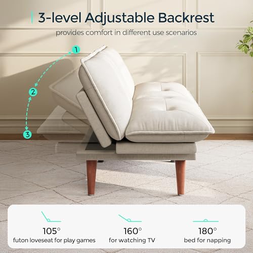 LINSY HOME Futon Sofa Bed, 70" Chenille Futon Couch with Adjustable Backrest Armrest, 3 in 1 Convertible Comfy Loveseat Sleeper Sofa Bed for Small Spaces Dorm Room Apartment Home Office, Beige White LINSY HOME