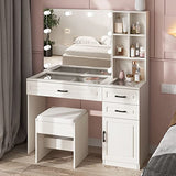 Fameill White Vanity Desk with Mirror and Lights,Glass Top Vanity Table with 3 Drawers and Cabinets,Large HD Mirror Makeup Desk,3 Lighting Modes, Brightness Adjustable,45 in(L) Fameill