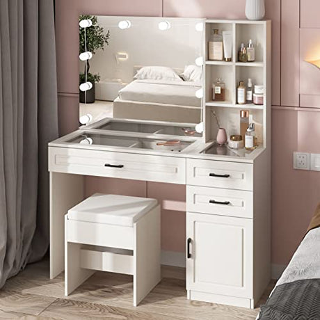 Fameill White Vanity Desk with Mirror and Lights,Glass Top Vanity Table with 3 Drawers and Cabinets,Large HD Mirror Makeup Desk,3 Lighting Modes, Brightness Adjustable,45 in(L) Fameill
