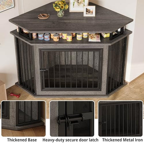 IRONCK 51" Corner Wooden Dog Crate Furniture with 2-Tier Shelves, Pet Kennel for Large Dogs, Space-Saving Dog Cage Indoor, Rustic Brown (26.7" L x 51.2" W x 33.5" H) IRONCK