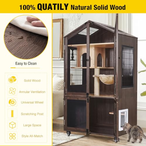 Aivituvin Cabinet Litter Box Enclosure with Cat Tree, Indoor Tall Cat Litter Box Furniture Hidden with Scratching Post, Indoor Cat Furniture with Cat House- Wheels Include