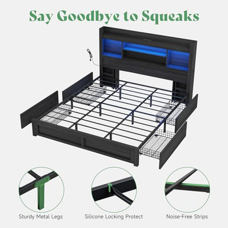 AMERLIFE King Size Bed Frame with LED Headboard, 4 Storage Drawers & Charging Station AMERLIFE