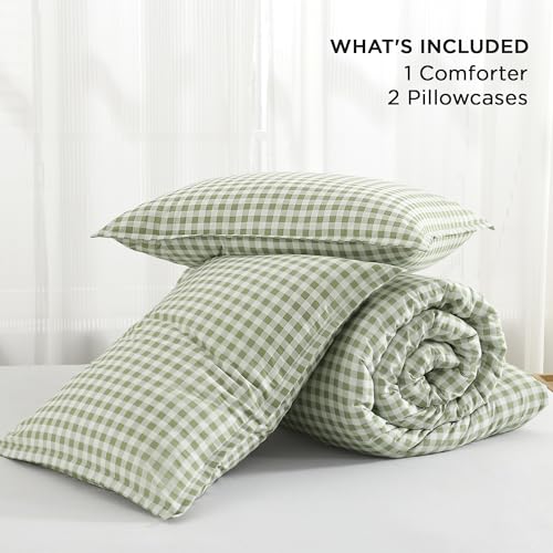 Andency Sage Gingham Comforter Set Full(79x90Inch), Green Checkered Grid Plaid Buffalo Bed Set for Girls Boys Kids Teens, 3 Pieces Lightweight Microfiber Geometric Preppy Bedding Andency