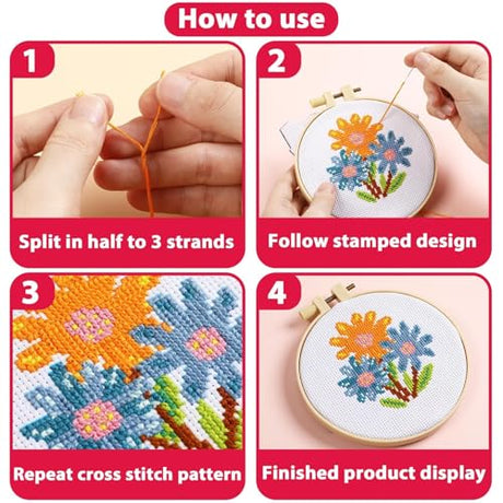 ZOIIWA 6PCS Spring Themed Flower Cross Sewing Kits for Beginners Flower DIY Embroidery Kit for Kids Adults Party Birthday Christmas Gift Needlepoint Patterns with 2 Embroidery Hoops Craft Supplies ZOIIWA