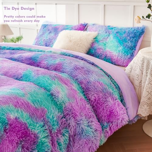 PERFEMET Fuzzy Girls Bedding Set Full Size 3 Pieces Luxury Purple and Teal Faux Fur Fluffy Comforter for Kids Teens Ultra Soft Warm Tie Dye Velvet Plush Shaggy Bed Comforter Sets(Purple Teal, Full) PERFEMET