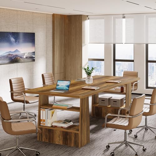 Tribesigns 63 inch Conference Table with 4 Shelves, Rectangular Meeting Table for Office, Large Sturdy Business Desk, Seminar Tables for 6-8 People (1, Brown) Tribesigns