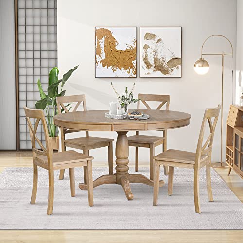 Voohek Dining Set for 4, with Wooden Extendable Round Table and Kitchen Chairs, 5-Piece Family Farmhouse Furniture, for Dinette, Breakfast Nook, Living Room, Natural Wood Wash - WoodArtSupply