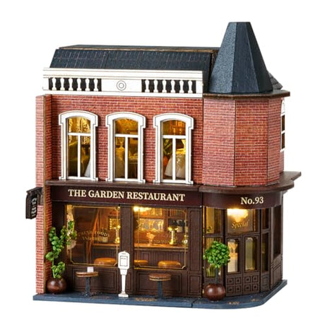 Miniature European-Style Chalet Cottage Dollhouse Kit Wooden Furniture, DIY Dollhouse Kit with LED Creative Room,Adult Teenager Children Gift (Garden Restaurant) WoodArtSupply