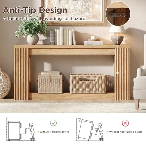 Maupvit Fluted Wooden Console Table with 2 Storage, 71 Inches Rectangular Entryway Table Behind The Couch, Farmhouse Boho Sofa Table for Entrance, Hallway, Living Room (Natural) Maupvit