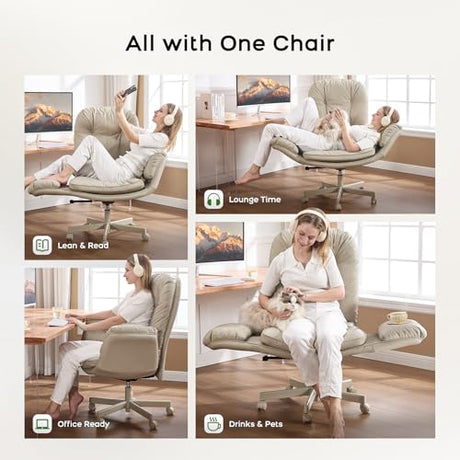 amseatec Criss Cross Chair with Armrests & Wheels for Cross-Legged Sitting, Comfortable Adjustable Swivel Office Desk Chair –PU Leather Vanity Chair for Home, Makeup and Bedroom (Cream) amseatec