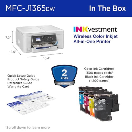 Brother INKvestment 1365 Wireless Color Inkjet All-in-One Printer with Automatic Duplex Printing and 1.8” Color Display | Includes Refresh Subscription Trial(1) (MFC-J1365DW) Brother