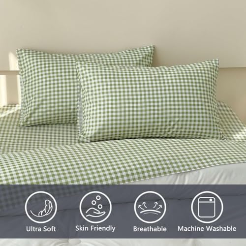 NSNLGSGC Sage Green Gingham Full Sheet Set, Soft Brushed Microfiber Plaid Full Bed Sheets, 4-Pieces Grid Sheet Set with Deep Pocket NSNLGSGC