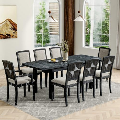 Merax 9 Pieces Dining Table Set, Rustic Extendable 84inch Dining Table Set with 24inch Removable Leaf, 6 Upholstered Armless Dining Chairs and 2 Padded Arm Chairs, Black+Gray Cushion Merax