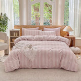 BESTDESIL Pink Striped Duvet Cover Set 100% Washed Cotton Linen Like Super Soft Chic Bedding Set 3 Pcs Greyish Pink-White Full BESTDESIL