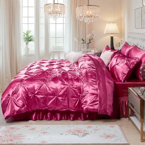 Bedbay Hot Pink Comforter Set,Satin Queen Comforter with Sheets,Bed in a Bag Queen,Pinch Pleat Bedding Set,Hot Pink Pintuck Luxury Bed Set 10 Pcs,Soft Lightweight Silk Like Satin Bedding Set Bedbay
