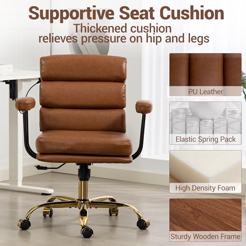 WiNVO Faux Leather Home Office Desk Chair, Gold Base Makeup Vanity Chair with Wheels, Padded Seat and Armrests, Adjustable Height Swivel Executive Computer Chair, Brown WiNVO