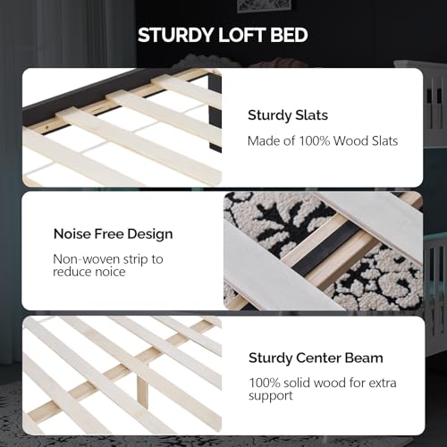 VINGLI Solid Wood Bunk Bed Twin Over Twin, Bunk Beds with Storage Underneath for Kids and Adults with LED Lights/USB Port Charging Station/Extra 15 inches Tall Guardrail,Black VINGLI