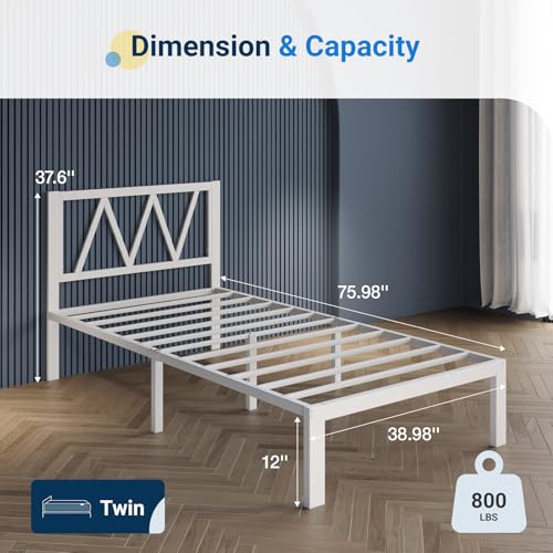 Avenco 14 Inch Twin Bed Frame with Headboard, White Metal Platform Bed Frame, Twin Size Bed Frame No Box Spring Needed, Easy Assembly, Heavy Duty Slats Support Avenco