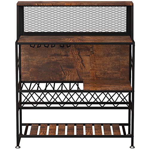 Industrial Rustic Brown Wine Rack and Home Bar Table with Glass Holder by VEVOR