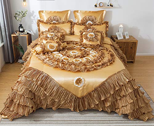 Tache Home Fashion 6 Piece Elegant Faux Satin Ruffled Comforter Set, Cal King, Sandy Beach Tache Home Fashion