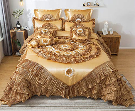 Tache Home Fashion 6 Piece Elegant Faux Satin Ruffled Comforter Set, Cal King, Sandy Beach Tache Home Fashion