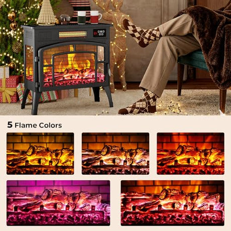 BREEZEHEAT Electric Fireplace Stove-Freestanding Fireplace Heater w/ 3D Flame, Thermostat, Remote, 1500W/750W Quiet Heating, Portable Fireplace for Indoor Use, Overheating Protection, Black, 23" Wide BREEZEHEAT
