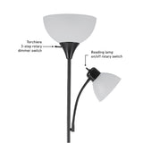 Globe Electric 67135 72" Torchiere Floor Lamp + Adjustable Reading Light, Matte Black, Frosted Plastic Shade, 3-Step Rotary Switch on Socket, Living Room Décor, Reading Light, Home Essentials Globe Electric