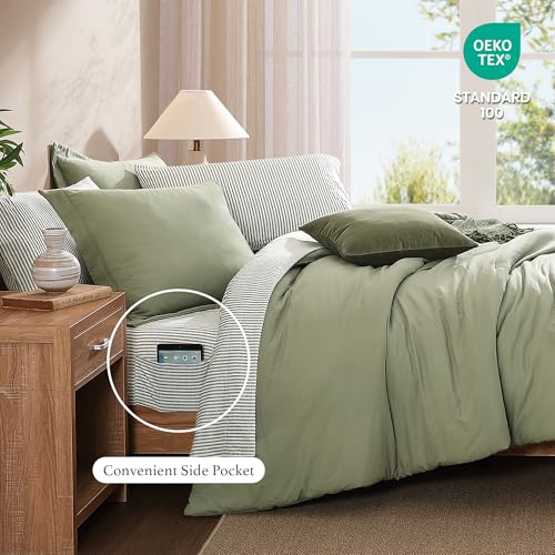 Monbix Queen Comforter Set - 7 Pieces Green Prewashed Bed in a Bag Queen Bedding Sets with Comforters, All Seasons Ultra Soft Comforter Bed Set with Sheets,Pillowcases & Shams Monbix