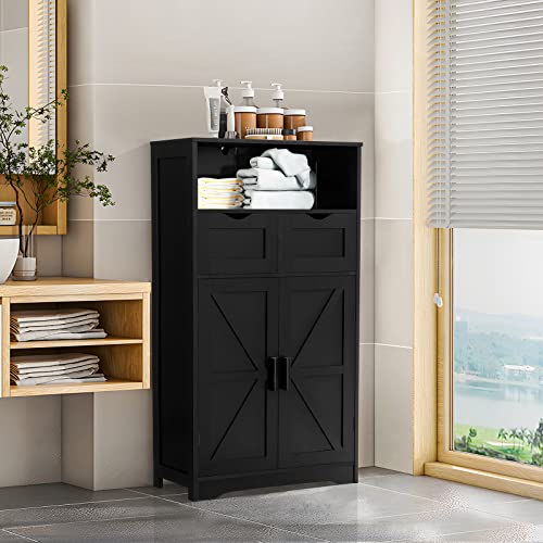 WEENFON Black Floor Cabinet with 2 Doors & 2 Drawers – Stylish Bathroom Storage with Adjustable Shelves - WoodArtSupply