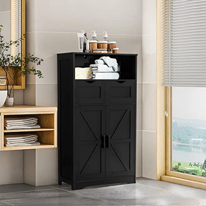 WEENFON Black Floor Cabinet with 2 Doors & 2 Drawers – Stylish Bathroom Storage with Adjustable Shelves - WoodArtSupply