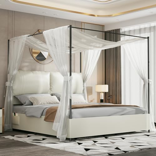 PAUKIN Canopy Bed Frame King Size with Upholstered Headboard, Sturdy and Stable, Easy to Assemble, Metal Bar Support, no Spring Mattress Required. (White, King)