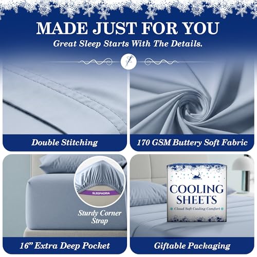 SLEEPHORIA Cooling Sheets - BreezeWeave 3 PC Twin Size Cooling Bed Sheets for Hot Sleepers & Deep, Cool Rest - Cloud Soft, Silky Smooth, 16 in Deep Pocket, Ultra Durable (Light Blue) SLEEPHORIA