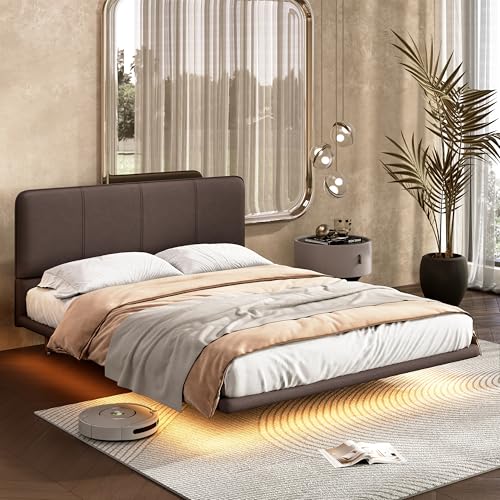 Christopher Knight Home Queen Size Floating Bedframe, Upholstered Bed Frame with Headboard, Faux Leather Platform Bed, Modern Design with LED Lighting, Easy Assembly, No Boxing Spring Needed, Coffee Christopher Knight Home