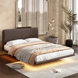 Christopher Knight Home Queen Size Floating Bedframe, Upholstered Bed Frame with Headboard, Faux Leather Platform Bed, Modern Design with LED Lighting, Easy Assembly, No Boxing Spring Needed, Coffee Christopher Knight Home