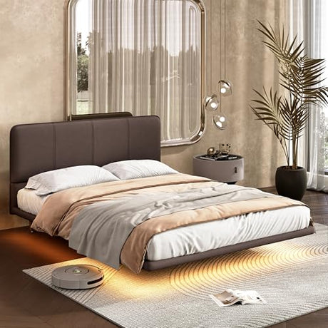 Christopher Knight Home Queen Size Floating Bedframe, Upholstered Bed Frame with Headboard, Faux Leather Platform Bed, Modern Design with LED Lighting, Easy Assembly, No Boxing Spring Needed, Coffee Christopher Knight Home
