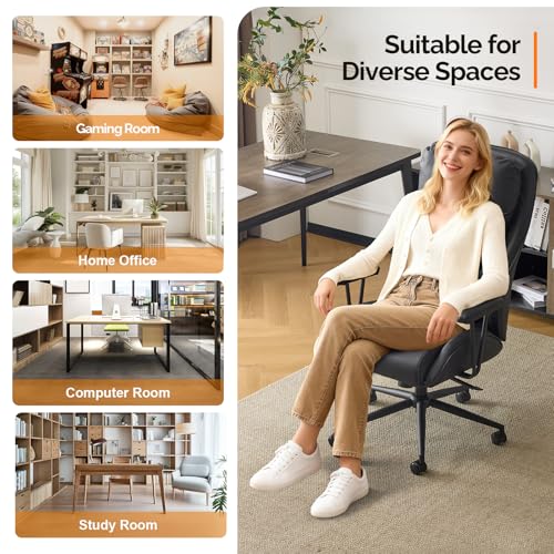 VINGLI Executive Ergonomic Office Chair with 100-130° Reclining, High-Back Desk Chair with Adjustable Base & Headrest Support & Wheels, Comfy Gaming Chair for Computer, Home Office, Pu-Leather, Black VINGLI