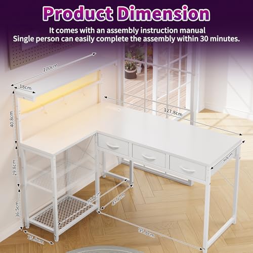 Grandder 50 Inch L Shaped Gaming Desk with 3 Drawers & Storage Shelves & Hutch, Computer Desk with USB Ports, Study Writing Table for Bedroom, Simple Modern Laptop Desk for Home Office, White Grandder