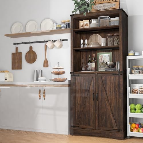 Tall Farmhouse Kitchen Pantry Cabinet with Adjustable Shelves and Barn Doors - Hlivelood 71" Brown Storage Solution - WoodArtSupply