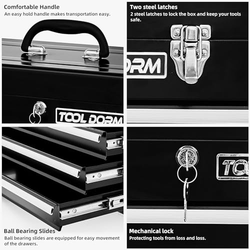 Tool Dorm 20.3“ Metal Tool Box with Drawer Portable Steel Metal Tool Box with Protective Liner and Metal Latch Closure and Lock for Garage, Home and Warehouse (Black-3 Drawers) TOOL DORM