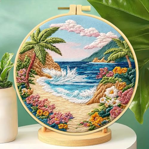Zhenqing Beach Landscape Embroidery Kit, Seaside Floral Craft Set with 20cm Hoop, Printed Design on 29x29cm Cotton Fabric, DIY Coastal Wall Art (JC0027)